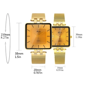 Detailed size chart showing dimensions of the gold square stainless steel mesh watch