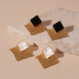 Vintage woven mesh square stud earrings in black and pearl white with golden finish