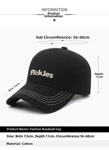 Detail of black cotton baseball cap with Pickles embroidery and size measurement chart