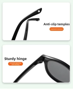 Detail of ergonomic anti-slip temples and durable smooth hinges on baby sunglasses