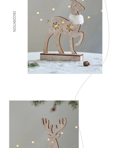 Detail of wooden reindeer ornament with glowing LED snowflake lights and white fur collar