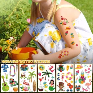 Tatouages temporaires hawaïens imperméables avec flamants, ananas et motifs de tiki