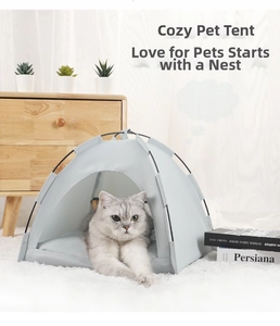 Detail of grey dome pet tent featuring breathable fabric and soft mat for small cats or dogs