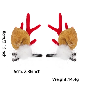 Detailed view of Christmas reindeer antler hair clips with size and weight dimensions