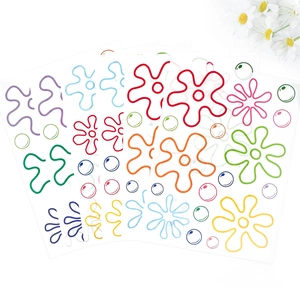 Macro view of colorful cartoon irregular flower and bubble wall sticker decal sheets.