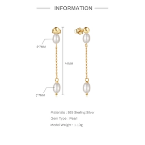 Detailed view of S925 silver chain earrings with baroque pearls and gold plating