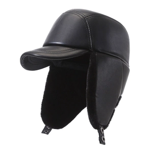 Men winter faux leather aviator hat with ear flaps and warm fleece lining in black