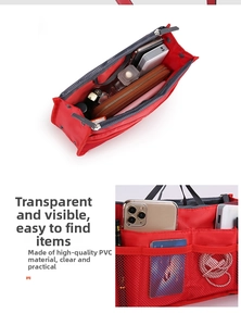 Detail of red nylon bag organizer with clear PVC pockets and zipper compartment
