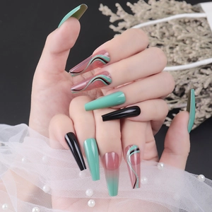 Long Coffin Press On Nails Artificial Emerald Green Black Gradient Silver Glitter Wave Art Glossy False Nails For Women