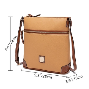Detail view of two-tone brown pebble texture crossbody bag with 25x24x10cm dimensions