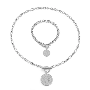 Hip hop silver stainless steel Figaro chain necklace and bracelet set with coin pendant