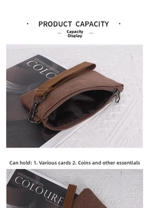 Brown canvas mini wallet with durable strap showing spacious interior for coins and cards
