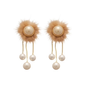 Elegant gold earrings with faux mink fur balls, creamy pearls and hanging tassel chains