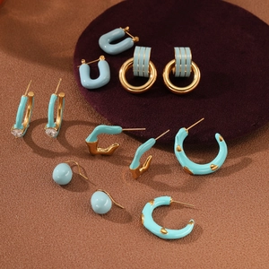 Blue enamel and gold stainless steel earring set in various stylish geometric shapes