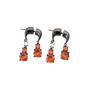Silver needle earrings with orange zircon teardrop pendants and gun black metal finish