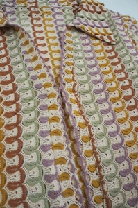 Close-up of crochet hollow knit fabric showing colorful wave patterns and texture