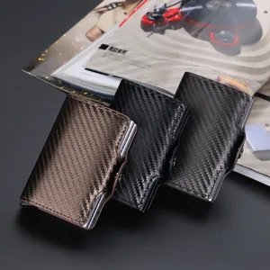 RFID carbon fiber card wallet with pop-up mechanism and snap closure in three colors