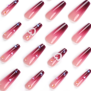 Long coffin ombre wine red press-on nails with luxury pearl heart and rhinestone accents
