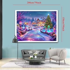 Large Christmas tapestry with snowy cottage scene for wall decor, 200x150cm size