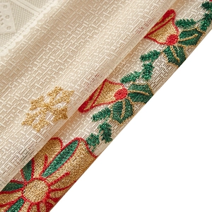 Christmas embroidered curtains with golden bells and floral lace on checkered fabric