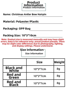 Size chart showing 3D reindeer antler hair clips with measurements and materials