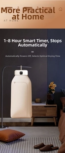 Portable clothes dryer with digital timer display in a cozy bedroom setting