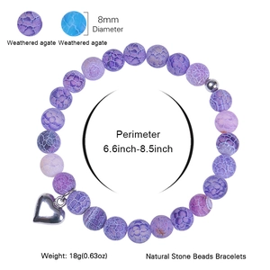 Natural purple weathered agate 8mm bead bracelet with silver heart charm on white background