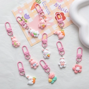 Cute Cartoon Rabbit Resin Keychain Sweet Pink White Bunny Carrot Flower School Bag Pendant Hanging Ornament Girls Gift