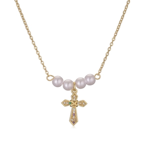 French baroque pearl necklace with 18K gold plated cross pendant and colorful zircons