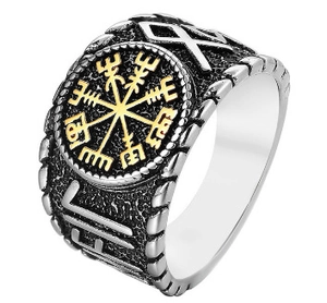Macro view of Viking compass ring with golden Vegvísir and Runic symbols on band