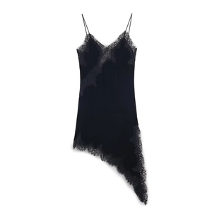 Sexy Schwarzes Samt Midi Slipkleid Ärmellos V Ausschnitt Spitzenbesatz Asymmetrischer Saum Elegante Partykleidung Für Damen