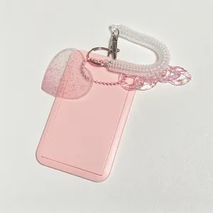 Pink heart glitter ID card holder with white spiral wristband and acrylic chain
