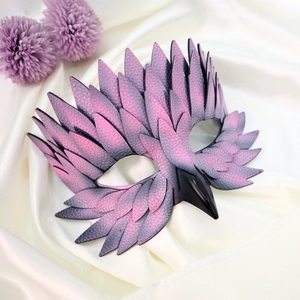 Handmade purple and black feather-style leather half-face masquerade mask for adults