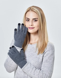 Detail of dark grey knit gloves showing black touchscreen tips on fingers and wool texture