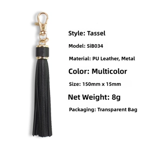 Detail showing dimensions of black PU leather tassel keychain with gold metal clasp