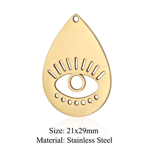 Gold stainless steel evil eye pendant with 21x29mm dimensions on a white background