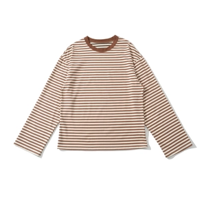 Classic brown and white striped long sleeve t-shirt with a round neck in flat lay view