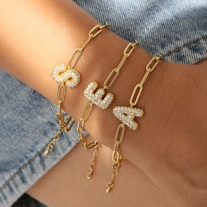 Paperclip Link Bracelet Brass 18K Gold Plated With Sparkling Zircon Letter Pendant Adjustable Initial Jewelry For Women