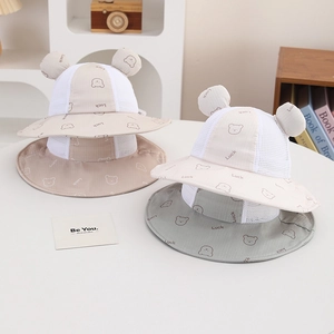 Kids Mesh Bucket Hat Breathable Cotton Sun Protection With 3D Bear Ears And Adjustable Windproof Strap For Toddlers