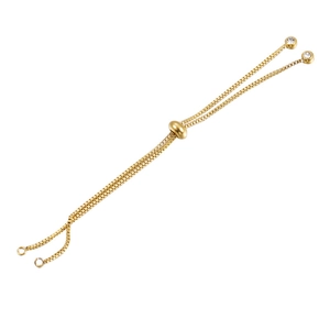 Detail of adjustable golden box chain with sliding bead and sparkling cubic zirconia charms