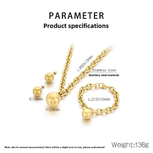 Detailed size specifications for the gold stainless steel ball jewelry necklace and earring set