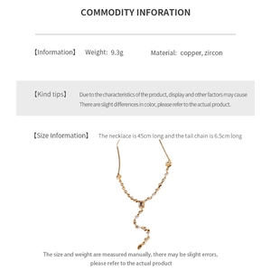 Detailed spec sheet for gold plated Y-necklace with zircon showing 45cm length and 9.3g weight