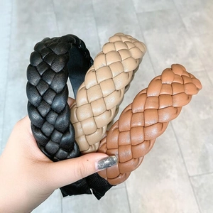 Braided PU leather headbands for women in black, beige, and brown, minimalist style