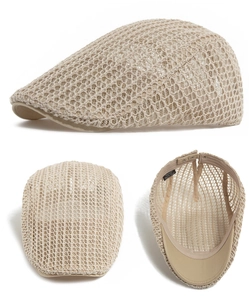 Detail of breathable beige mesh beret showing polyester texture and adjustable inner strap