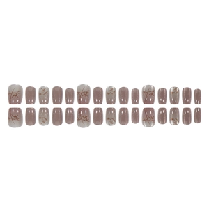 Faux ongles courts œil de chat avec motif bambou et finition gris-violet brillant