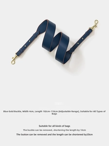 Detail of dark blue leather strap with gold buckle and adjustable length specs