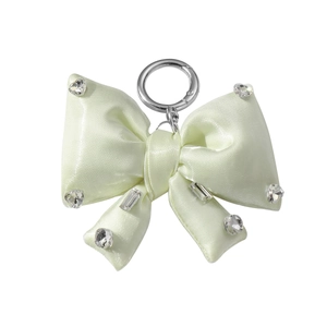 Exquisite light green satin bow keychain with shimmering rhinestones and silver metal ring