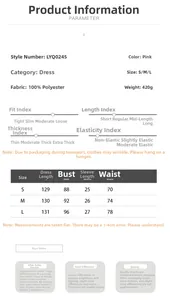 Size chart for off-shoulder floral dress with detailed measurements and fabric specs