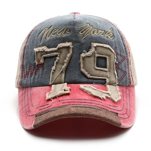 Vintage washed baseball cap with New York 79 embroidery and distressed patchwork design