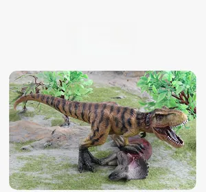 Detailed view of Tyrannosaurus Rex and fallen Triceratops models in a prehistoric landscape